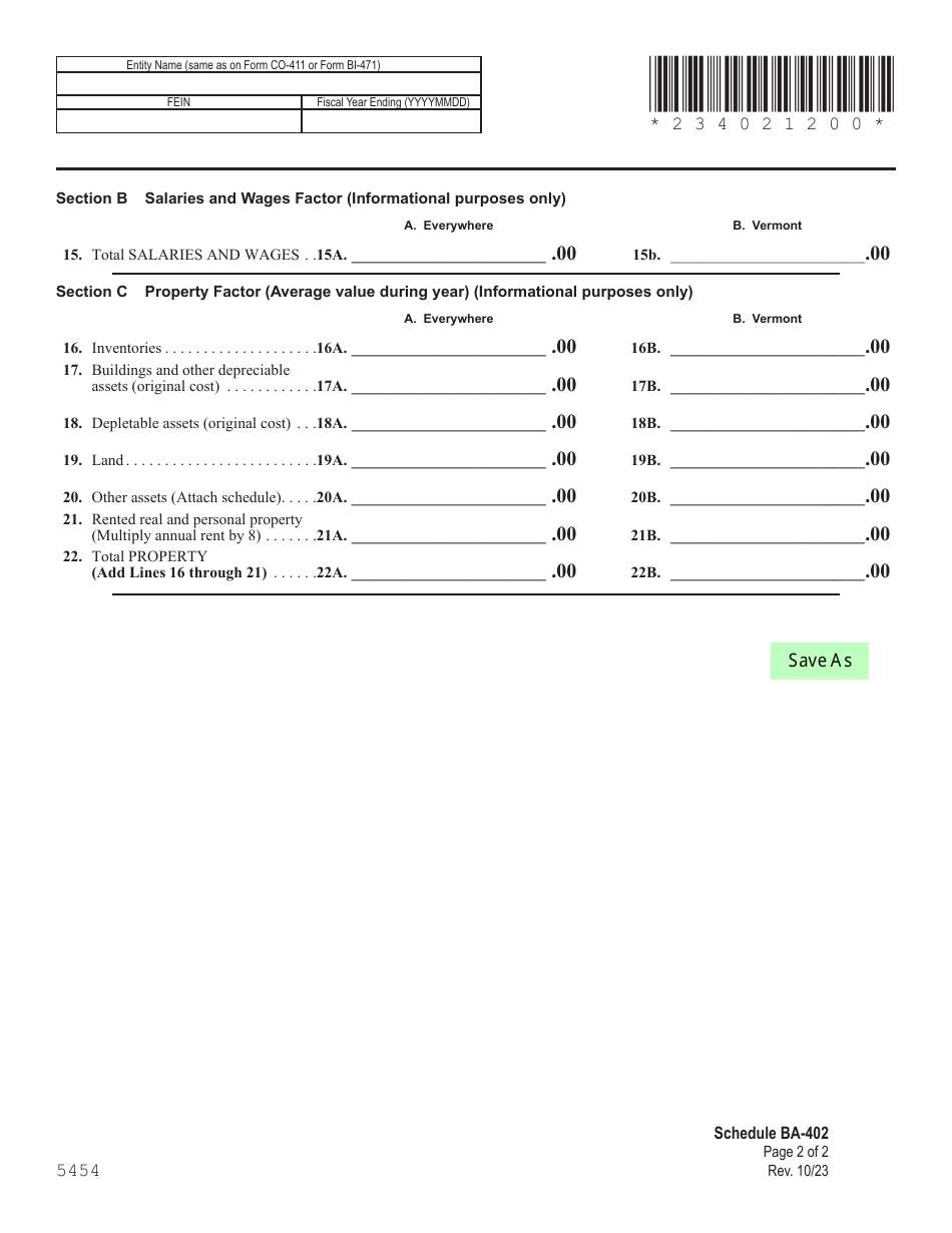 Schedule BA-402 Vermont Apportionment  Allocation - Vermont, Page 2