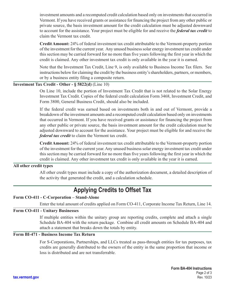 Instructions for Schedule BA-404 Vermont Tax Credits Earned, Applied, Expired, and Carried Forward - Vermont, Page 2