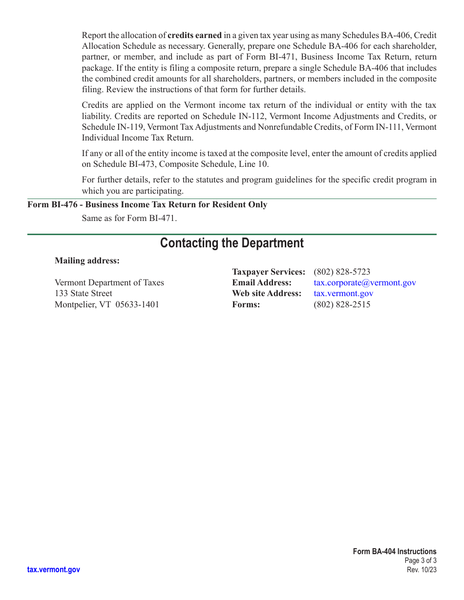 Instructions for Schedule BA-404 Vermont Tax Credits Earned, Applied, Expired, and Carried Forward - Vermont, Page 3
