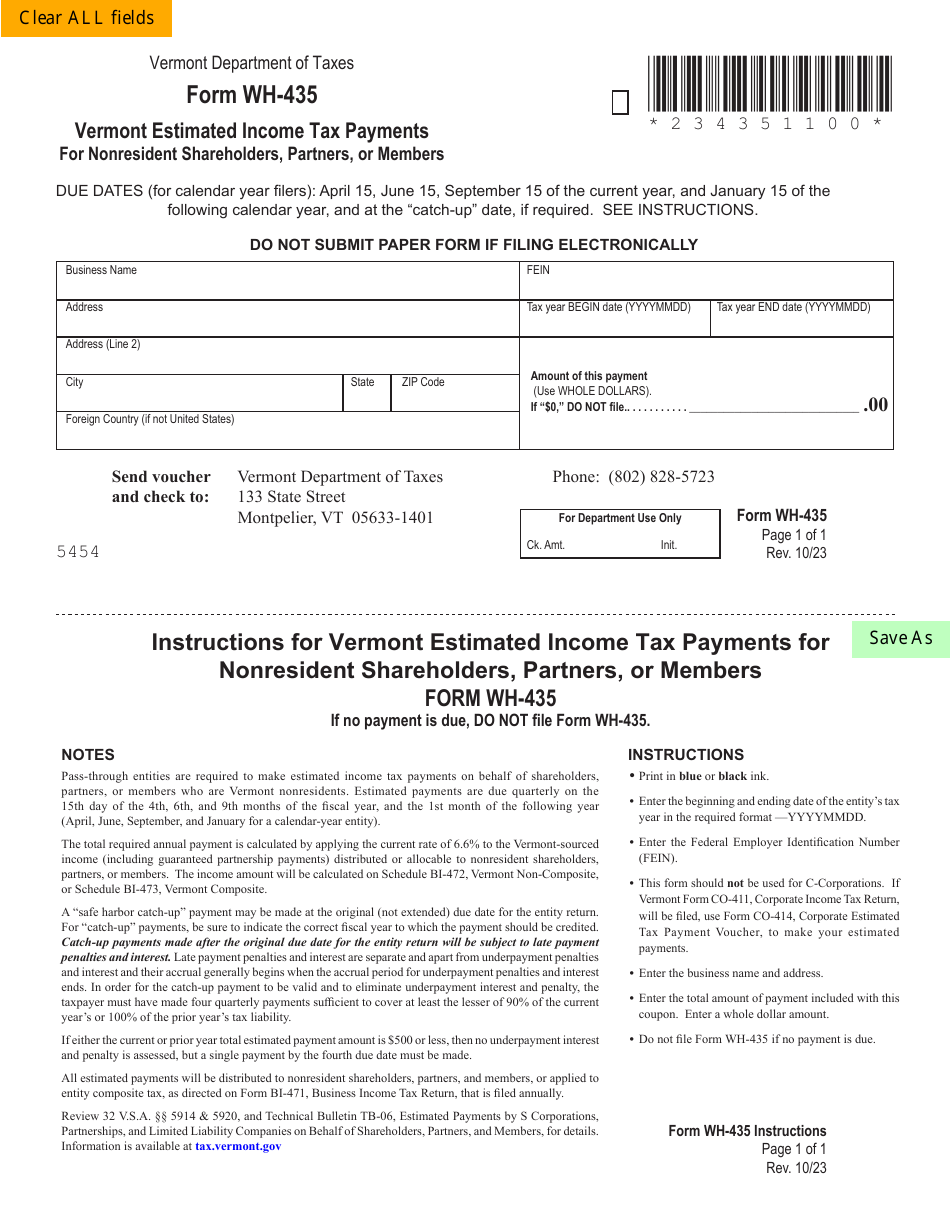 VT Form WH-435 Vermont Estimated Income Tax Payments for Nonresident Shareholders, Partners, or Members - Vermont, Page 1