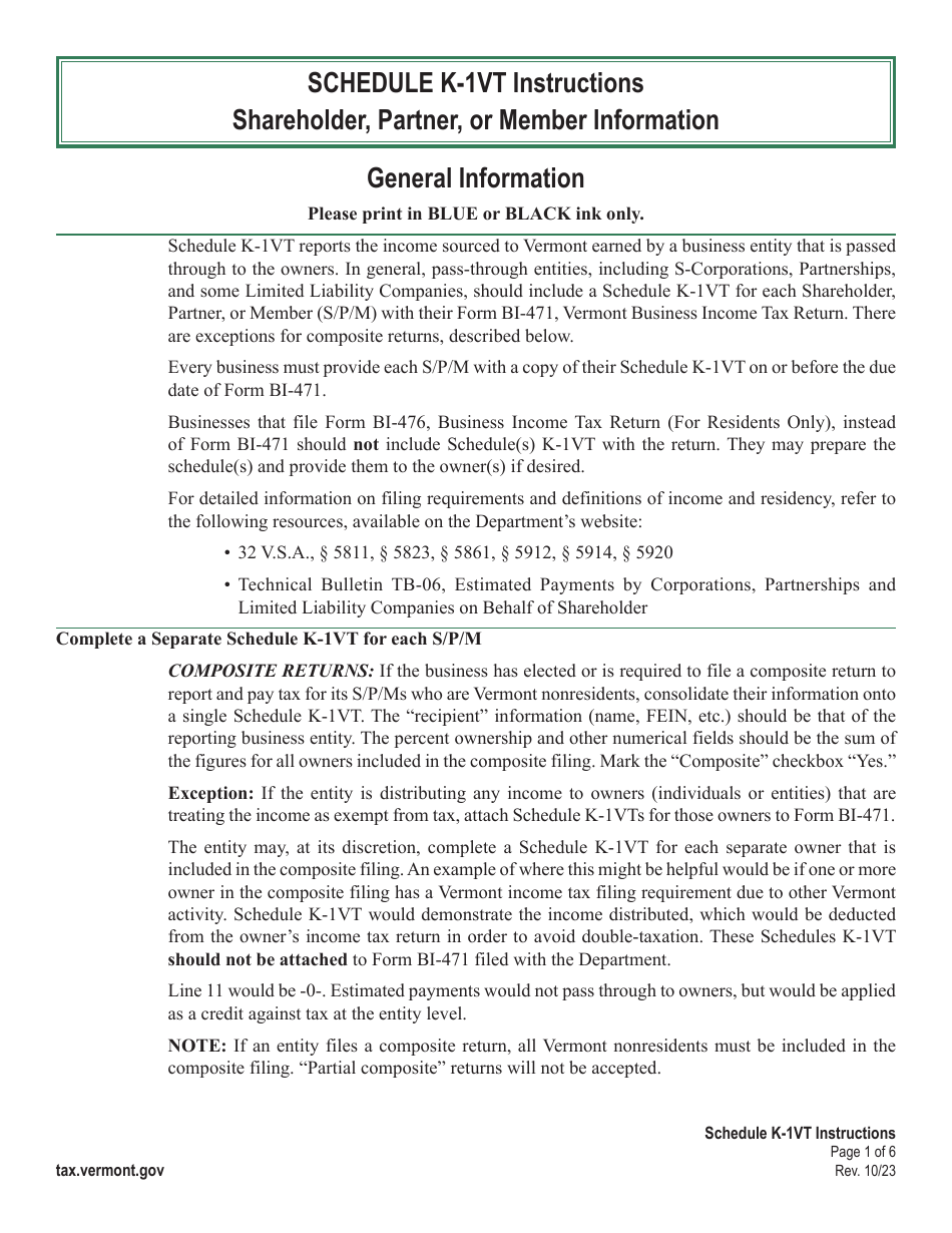 Instructions for Schedule K-1VT Vermont Shareholder, Partner, or Member Information - Vermont, Page 1