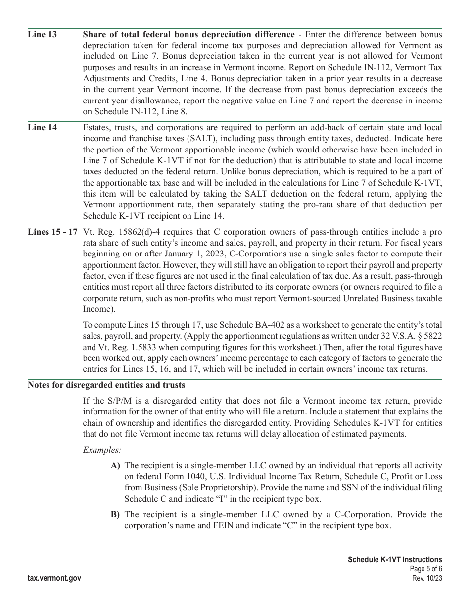 Instructions for Schedule K-1VT Vermont Shareholder, Partner, or Member Information - Vermont, Page 5