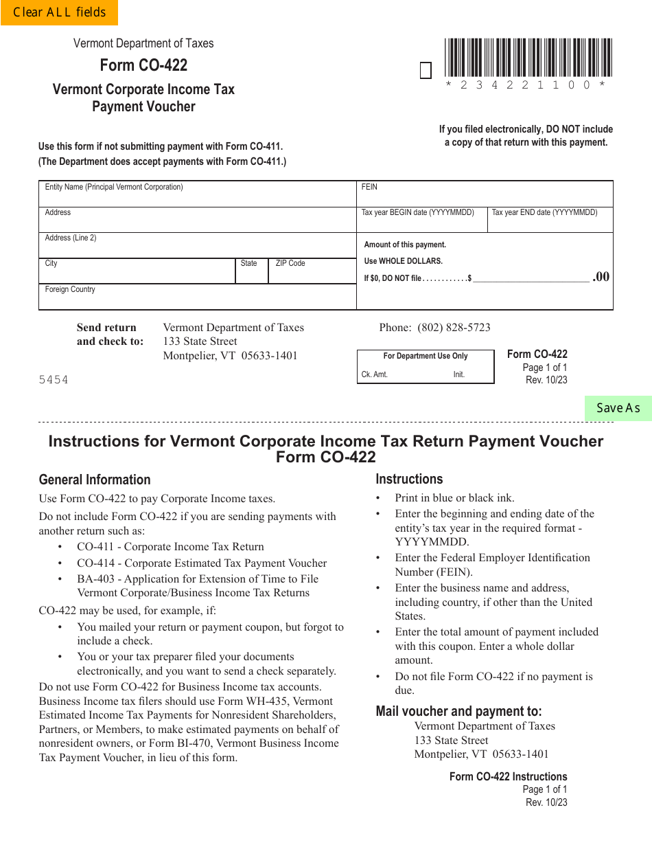 VT Form CO-422 Vermont Corporate Income Tax Payment Voucher - Vermont, Page 1