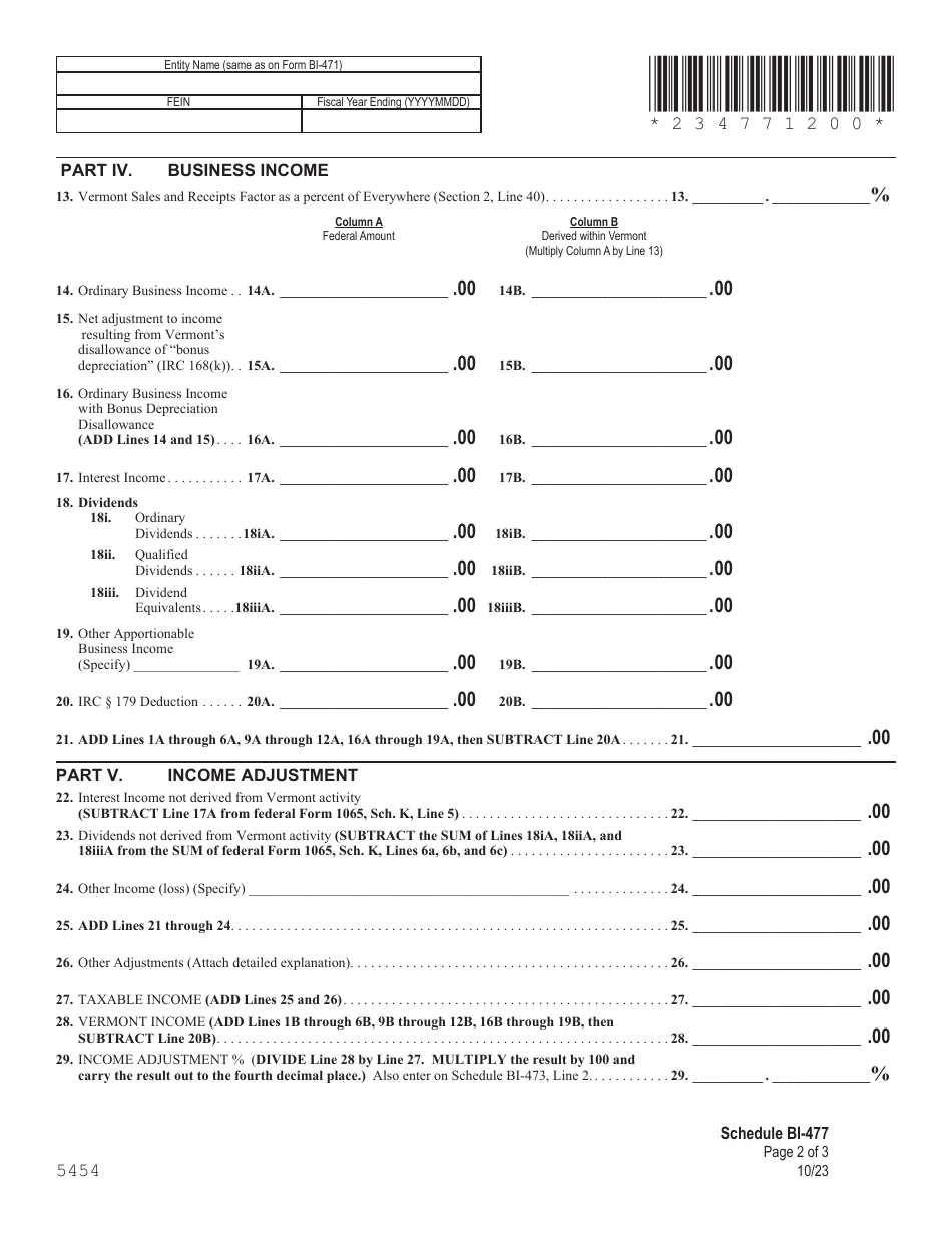 Schedule BI-477 Vermont Income Adjustment Calculation: Pass-Through Nonresident - Vermont, Page 2