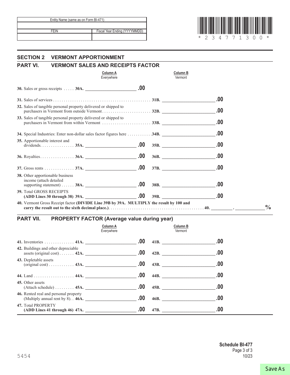 Schedule BI-477 Vermont Income Adjustment Calculation: Pass-Through Nonresident - Vermont, Page 3