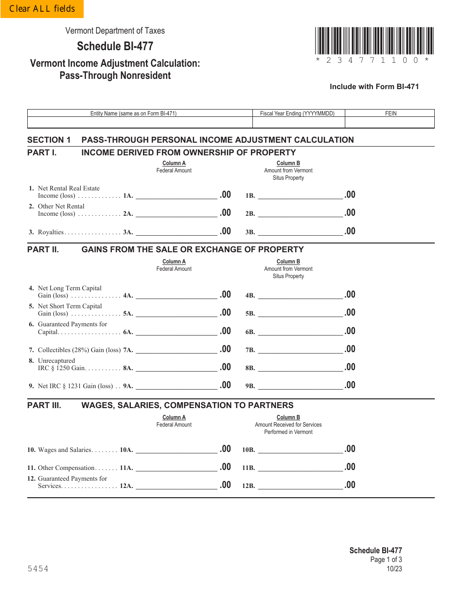 Vermont Vermont Adjustment Calculation PassThrough Nonresident