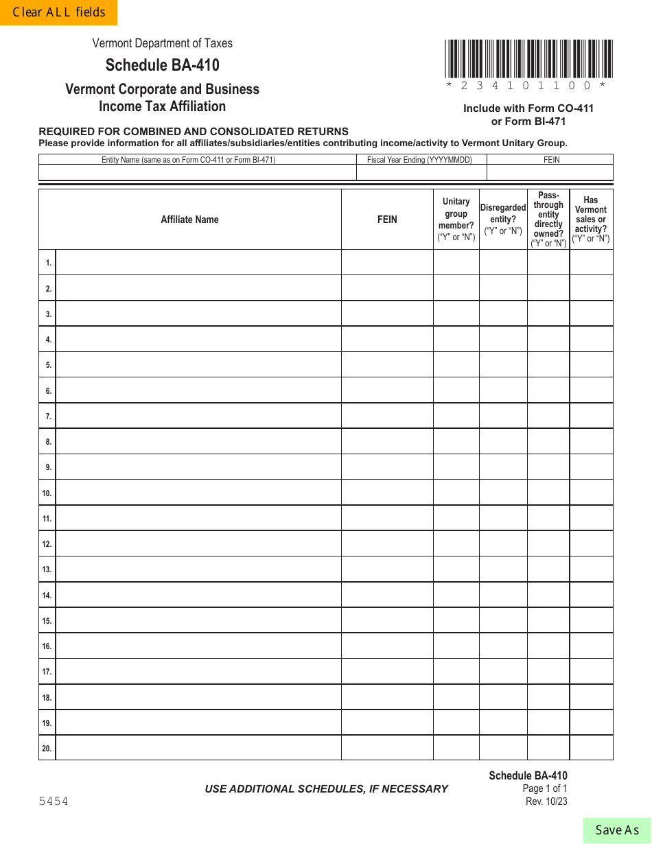 Schedule BA-410 Vermont Corporate and Business Income Tax Affiliation - Vermont, Page 1