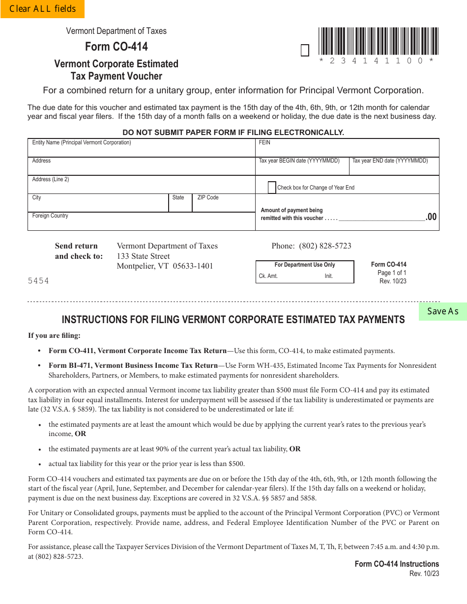 VT Form CO-414 Vermont Corporate Estimated Tax Payment Voucher - Vermont, Page 1