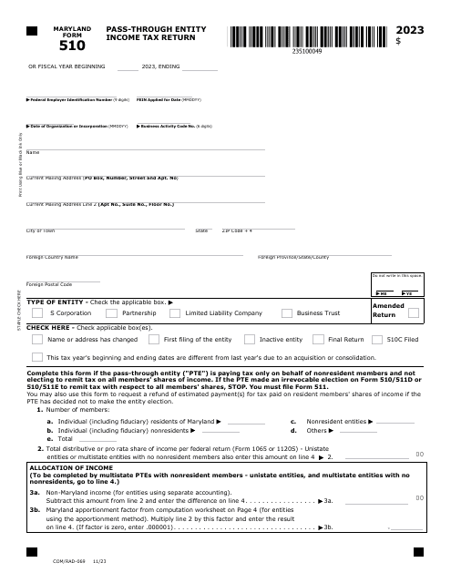 Maryland Form 510 (COM/RAD-069) Pass-Through Entity Income Tax Return - Maryland, 2023