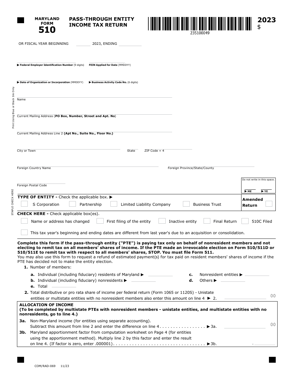 Maryland Form 510 (COM / RAD-069) Pass-Through Entity Income Tax Return - Maryland, Page 1
