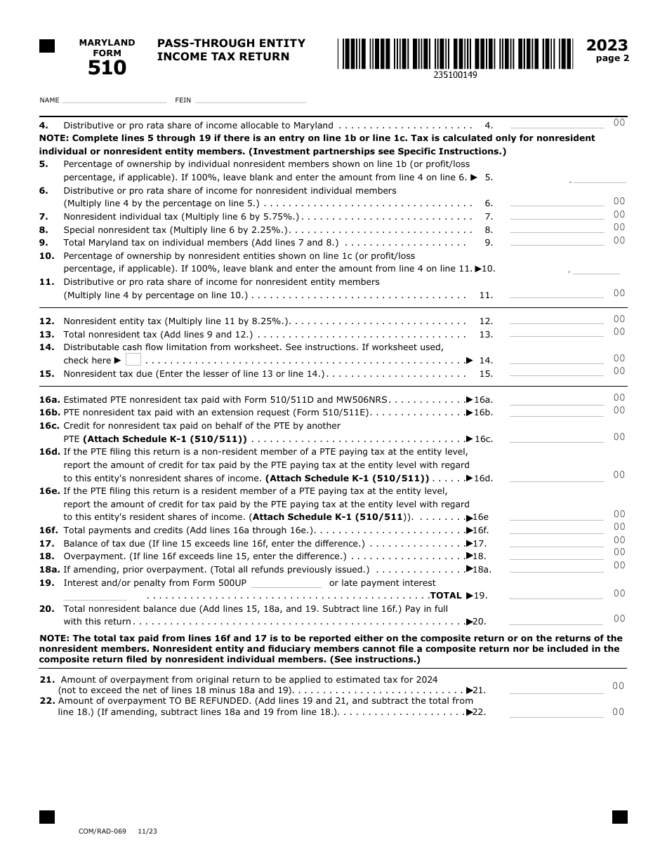 Maryland Form 510 (COM / RAD-069) Pass-Through Entity Income Tax Return - Maryland, Page 2