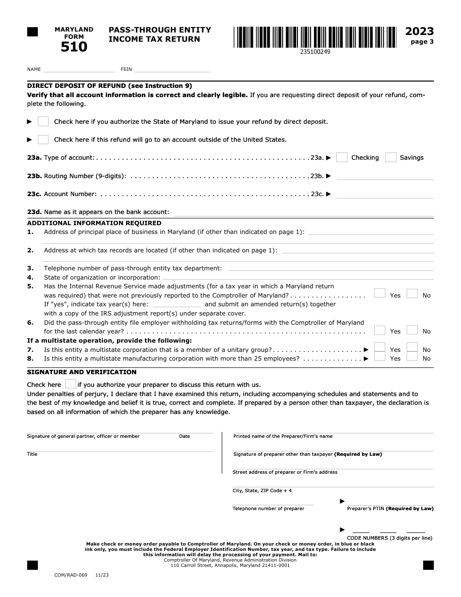 Maryland Form 510 (COM / RAD-069) Pass-Through Entity Income Tax Return - Maryland, Page 3