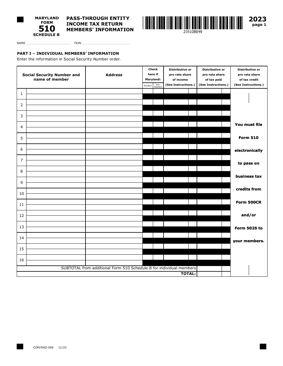 Maryland Form 510 (COM / RAD-069) Pass-Through Entity Income Tax Return - Maryland, Page 5