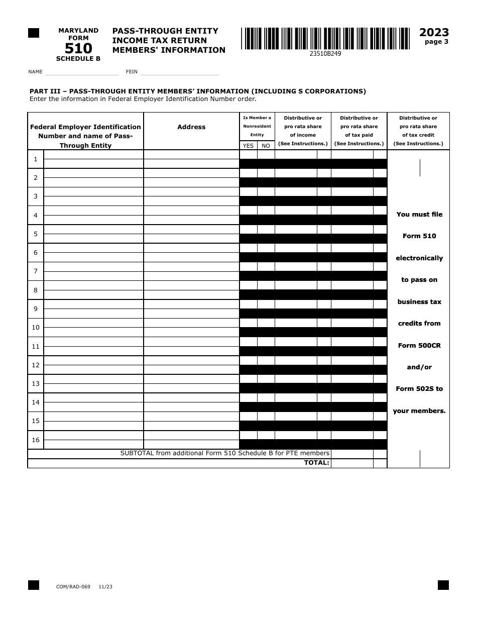 Maryland Form 510 (COM / RAD-069) Pass-Through Entity Income Tax Return - Maryland, Page 7
