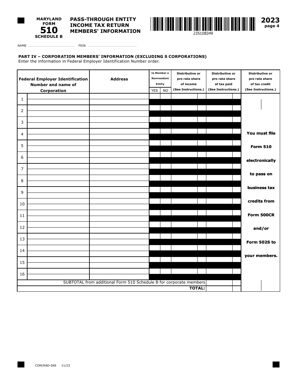 Maryland Form 510 (COM / RAD-069) Pass-Through Entity Income Tax Return - Maryland, Page 8