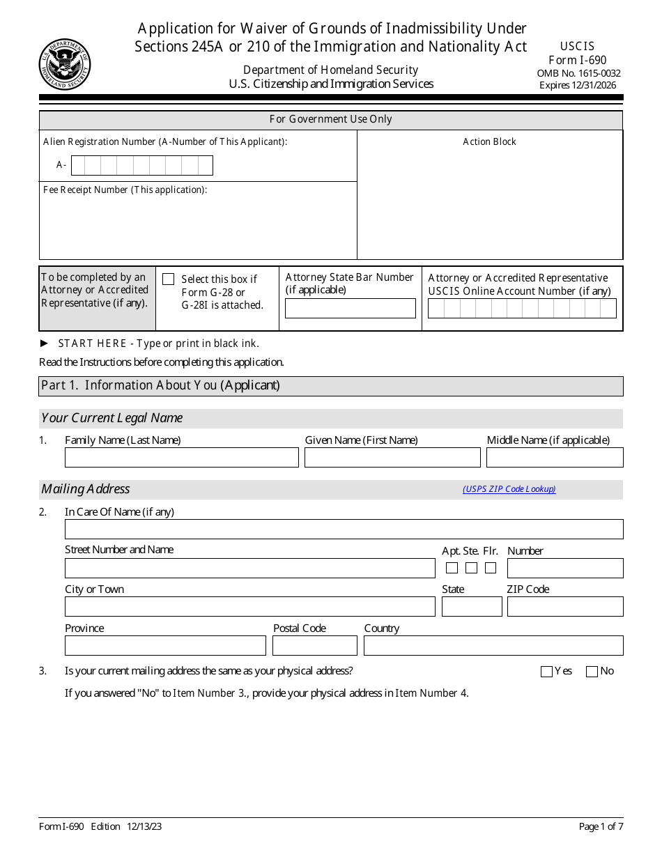 USCIS Form I-690 Application for Waiver of Grounds of Inadmissibility Under Sections 245a or 210 of the Immigration and Nationality Act, Page 1