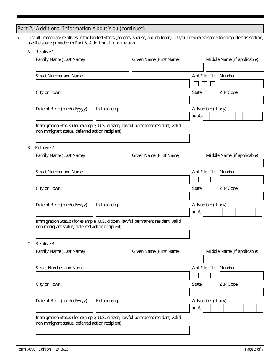 USCIS Form I-690 Application for Waiver of Grounds of Inadmissibility Under Sections 245a or 210 of the Immigration and Nationality Act, Page 3