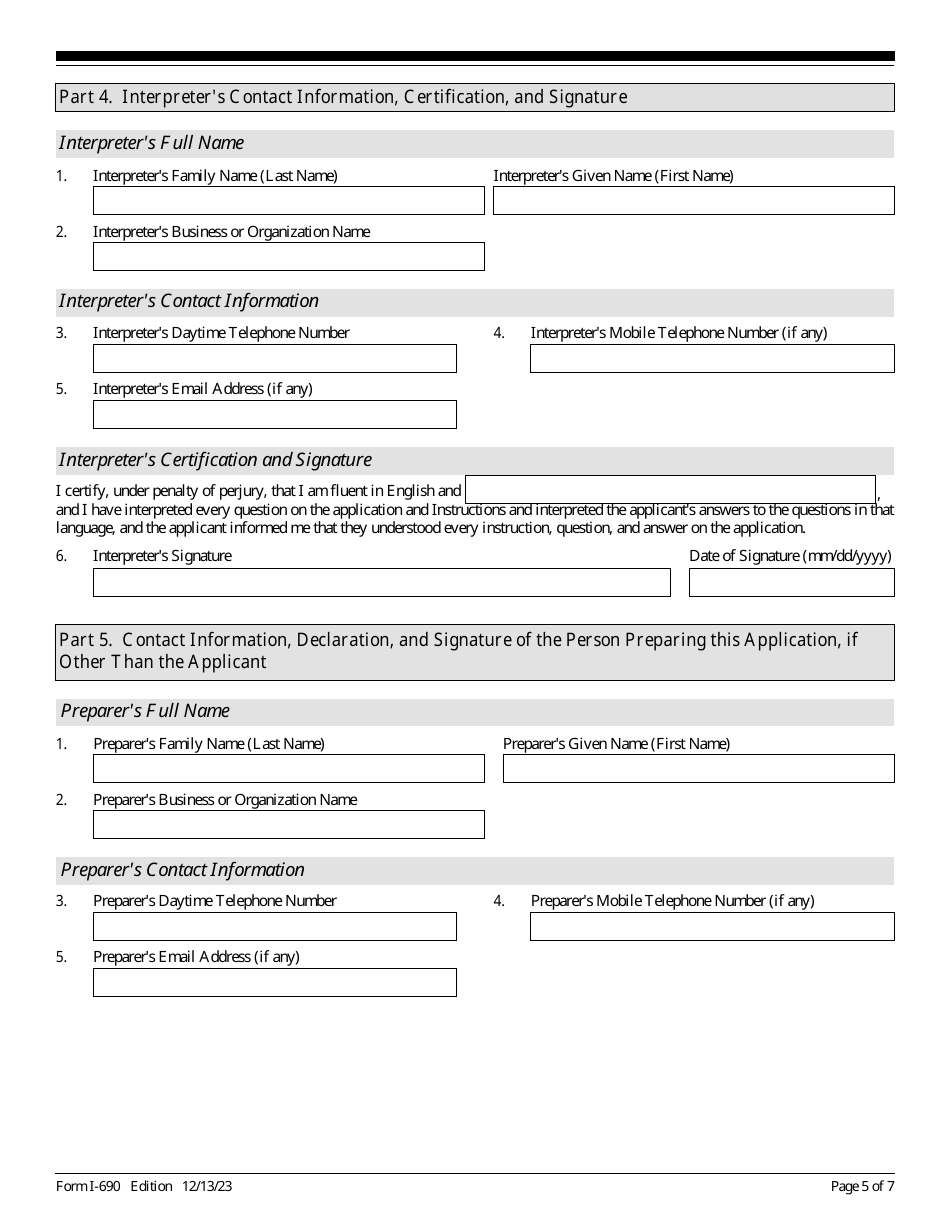 USCIS Form I-690 Application for Waiver of Grounds of Inadmissibility Under Sections 245a or 210 of the Immigration and Nationality Act, Page 5