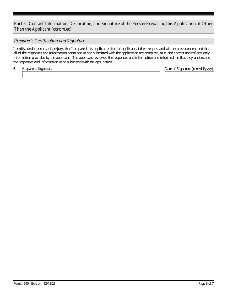 USCIS Form I-690 Application for Waiver of Grounds of Inadmissibility Under Sections 245a or 210 of the Immigration and Nationality Act, Page 6