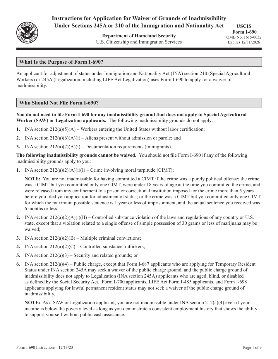 Instructions for USCIS Form I-690 Application for Waiver of Grounds of Inadmissibility Under Sections 245a or 210 of the Immigration and Nationality Act, Page 1