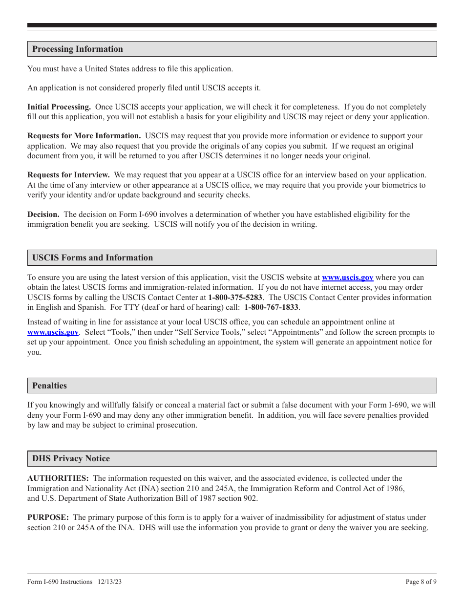 Download Instructions for USCIS Form I-690 Application for Waiver of ...