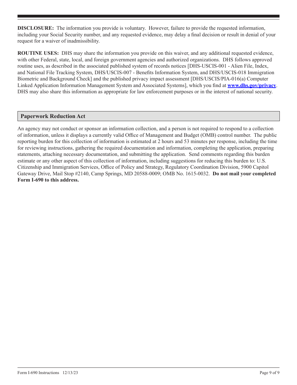 Instructions for USCIS Form I-690 Application for Waiver of Grounds of Inadmissibility Under Sections 245a or 210 of the Immigration and Nationality Act, Page 9
