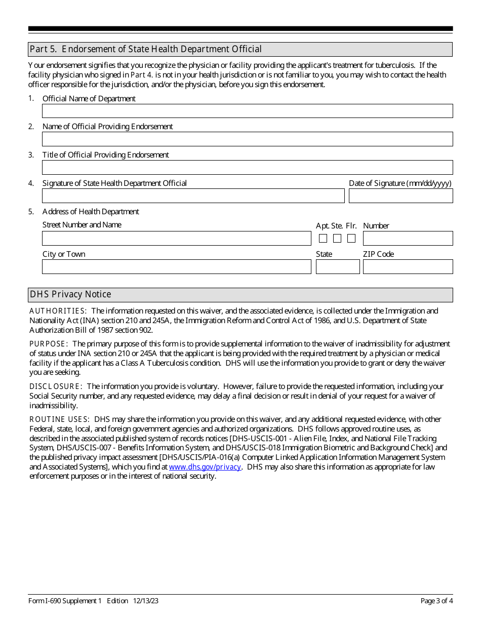 USCIS Form I-690 Supplement 1 Applicants With a Class a Tuberculosis Condition (As Defined by Health and Human Services Regulations), Page 3