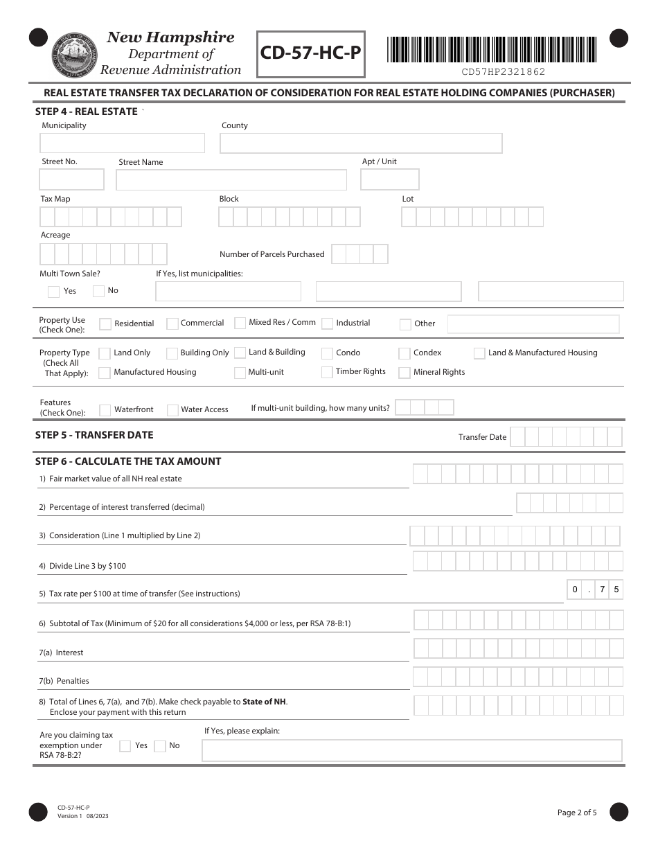 Form CD-57-HC-P Real Estate Transfer Tax Declaration of Consideration for Real Estate Holding Companies (Purchaser) - New Hampshire, Page 2