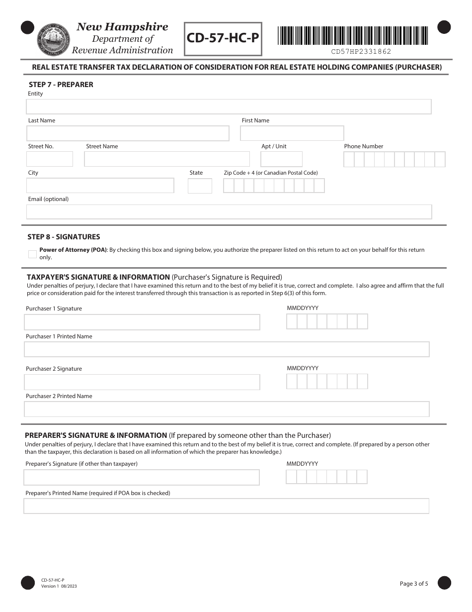 Form CD-57-HC-P Real Estate Transfer Tax Declaration of Consideration for Real Estate Holding Companies (Purchaser) - New Hampshire, Page 3