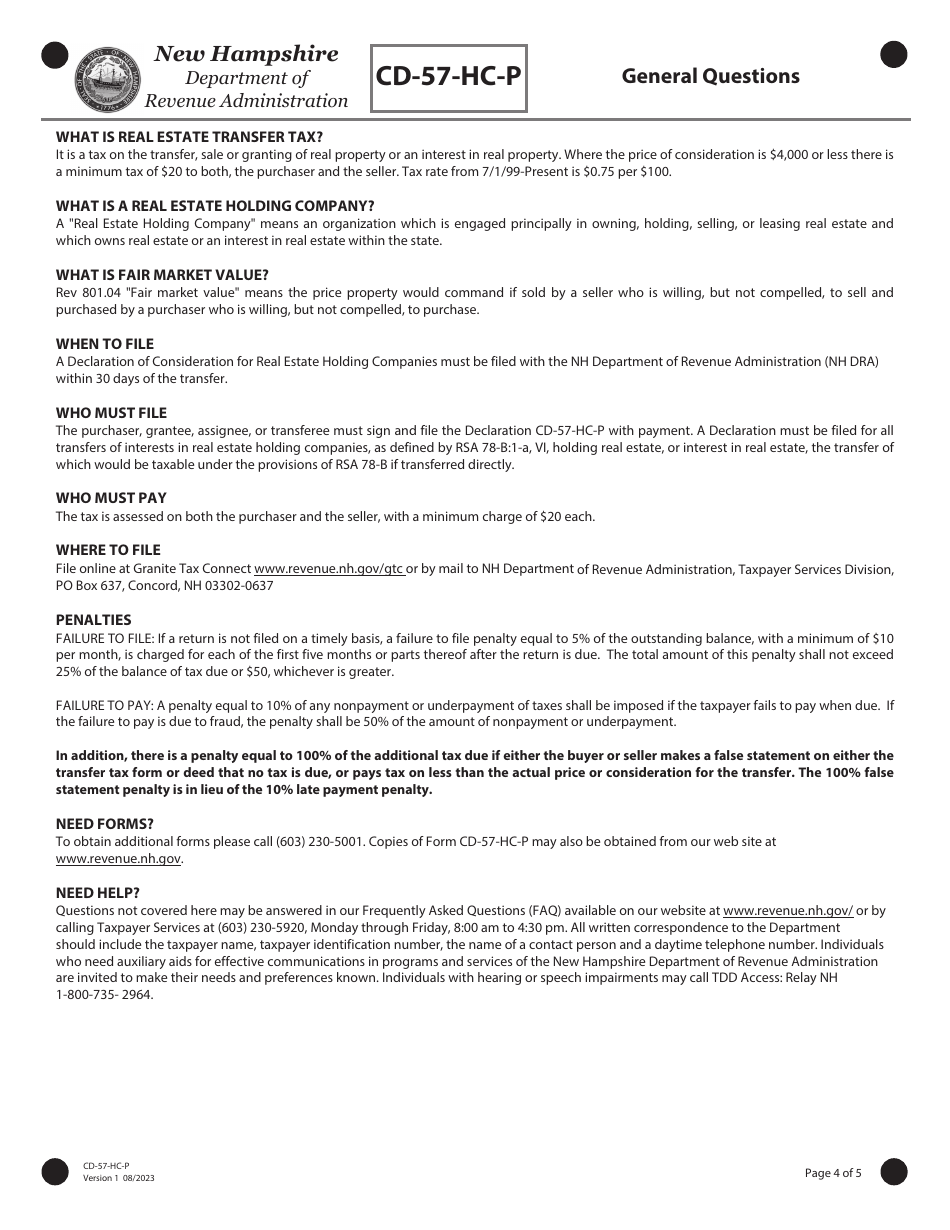 Form CD-57-HC-P Real Estate Transfer Tax Declaration of Consideration for Real Estate Holding Companies (Purchaser) - New Hampshire, Page 4