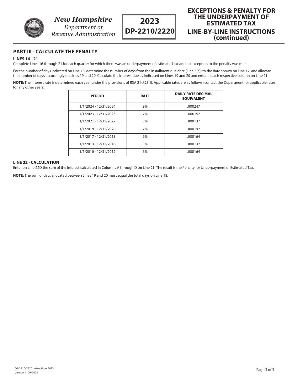 Instructions for Form DP-2210 / 2220 Exceptions and Penalty for the Underpayment of Estimated Tax - New Hampshire, Page 3