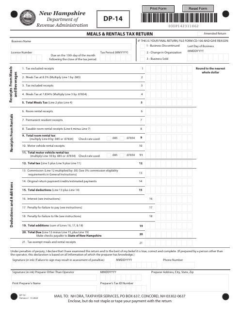 Form DP-14 Meals & Rentals Tax Return - New Hampshire