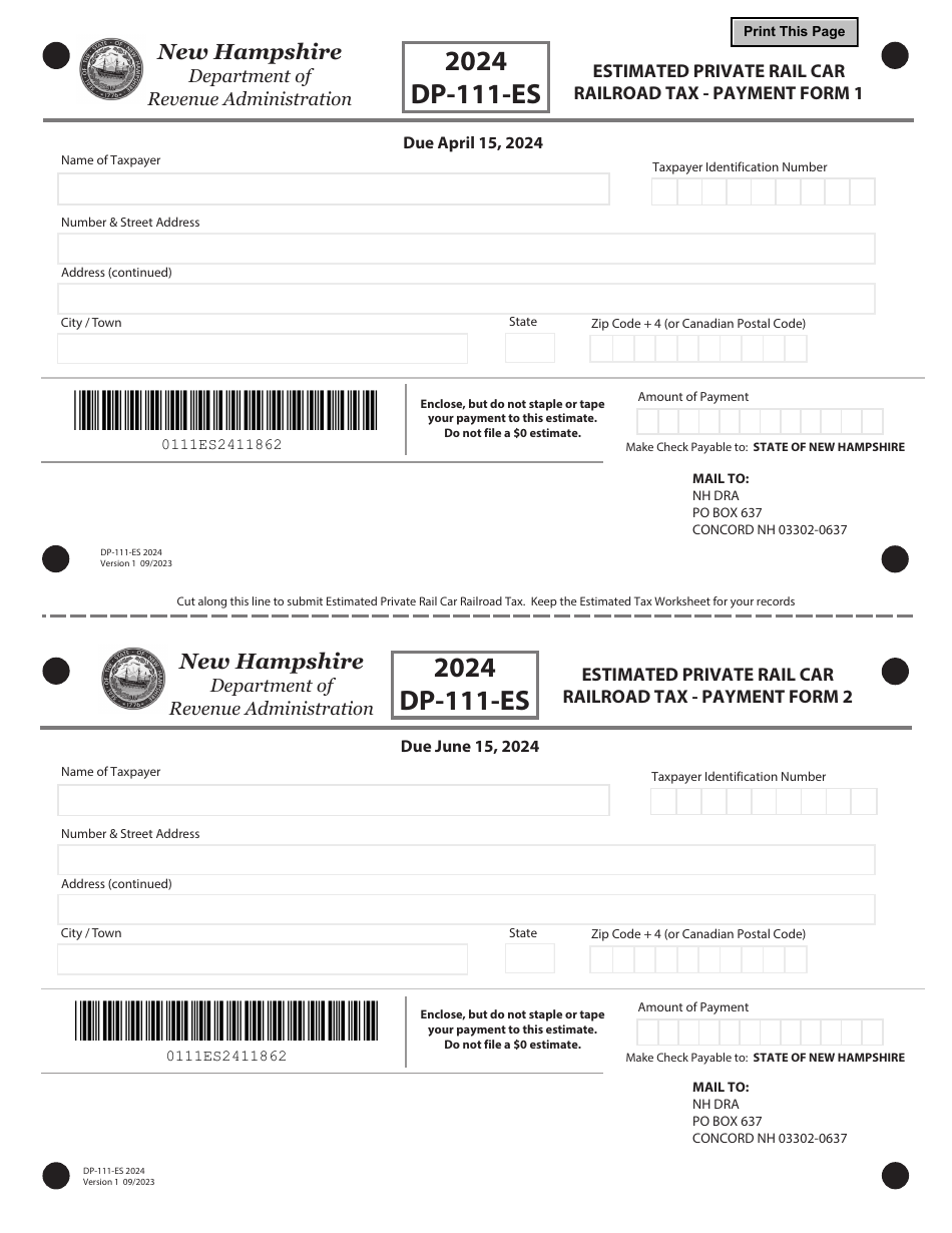 Form DP-111-ES Estimated Private Rail Car Railroad Tax - New Hampshire, Page 2