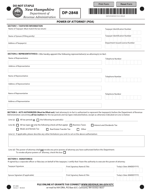 Form DP-2848 Power of Attorney (Poa) - New Hampshire