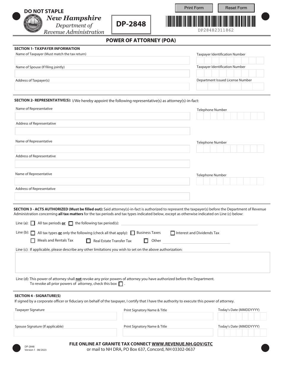 Form DP-2848 Power of Attorney (Poa) - New Hampshire, Page 1