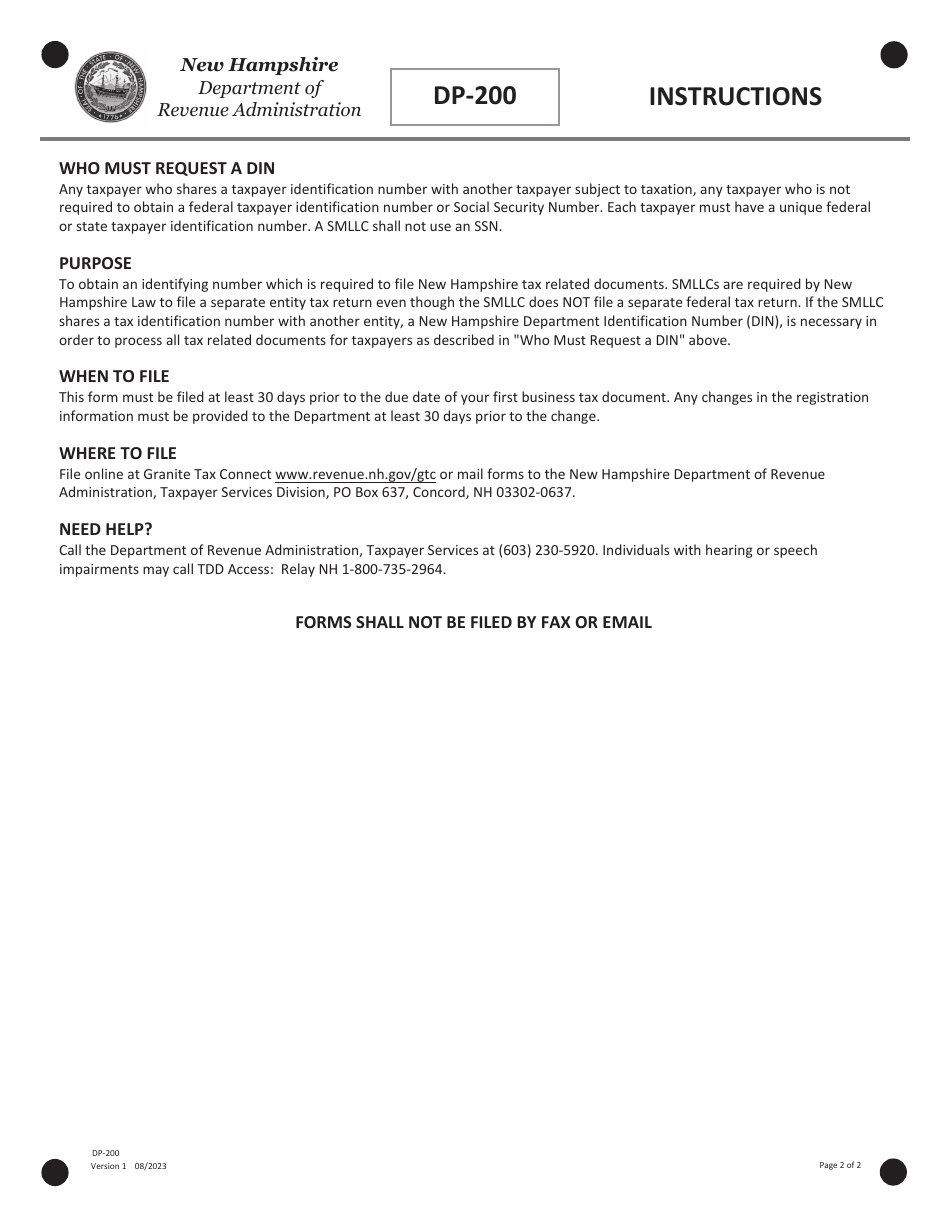 Form DP-200 Request for Department Identification Number (Din) - New Hampshire, Page 2