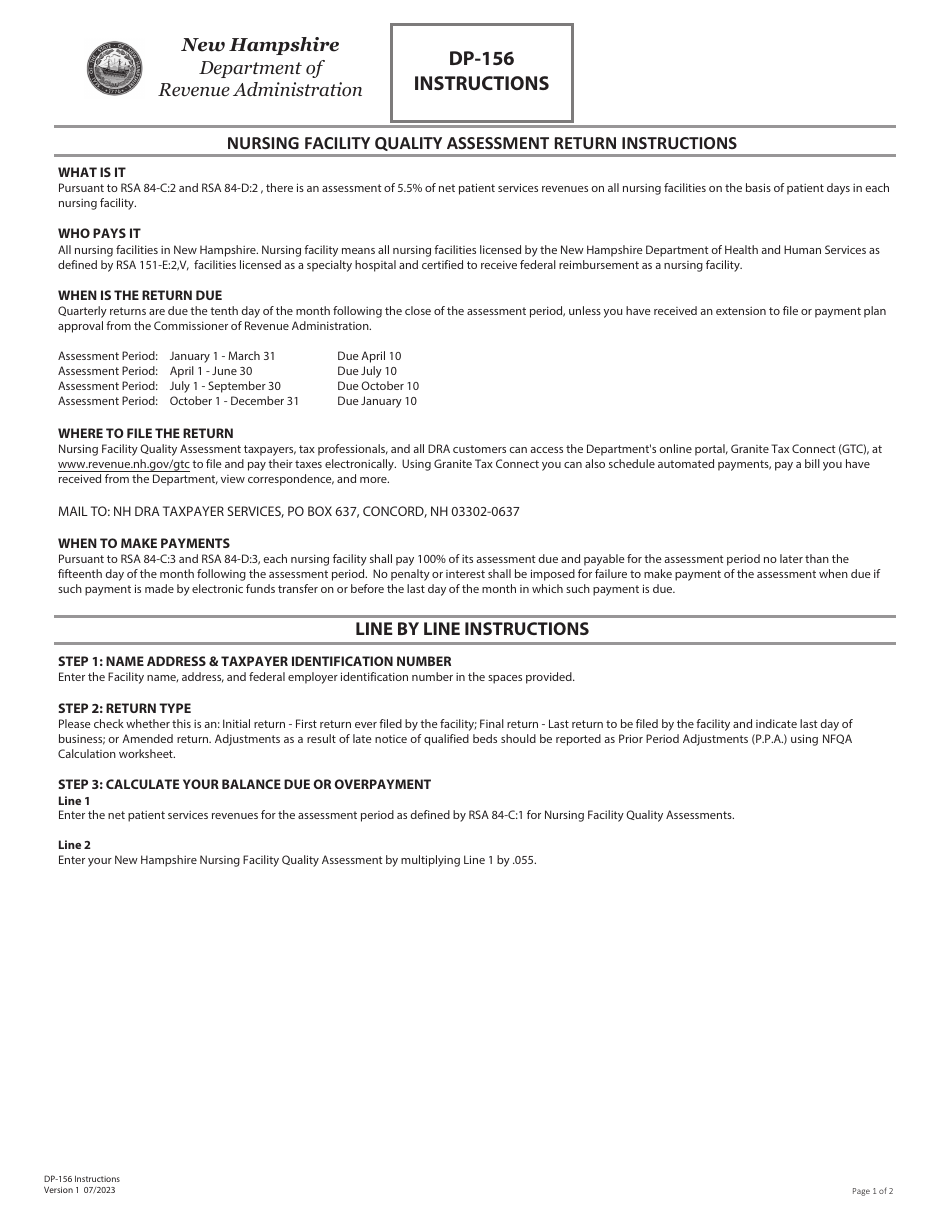 Instructions for Form DP-156 Nursing Facility Quality Assessment Return - New Hampshire, Page 1
