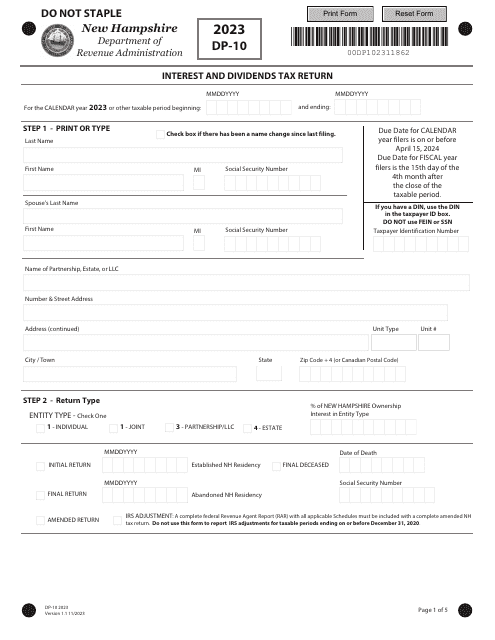 Form DP-10 Interest and Dividends Tax Return - New Hampshire, 2023