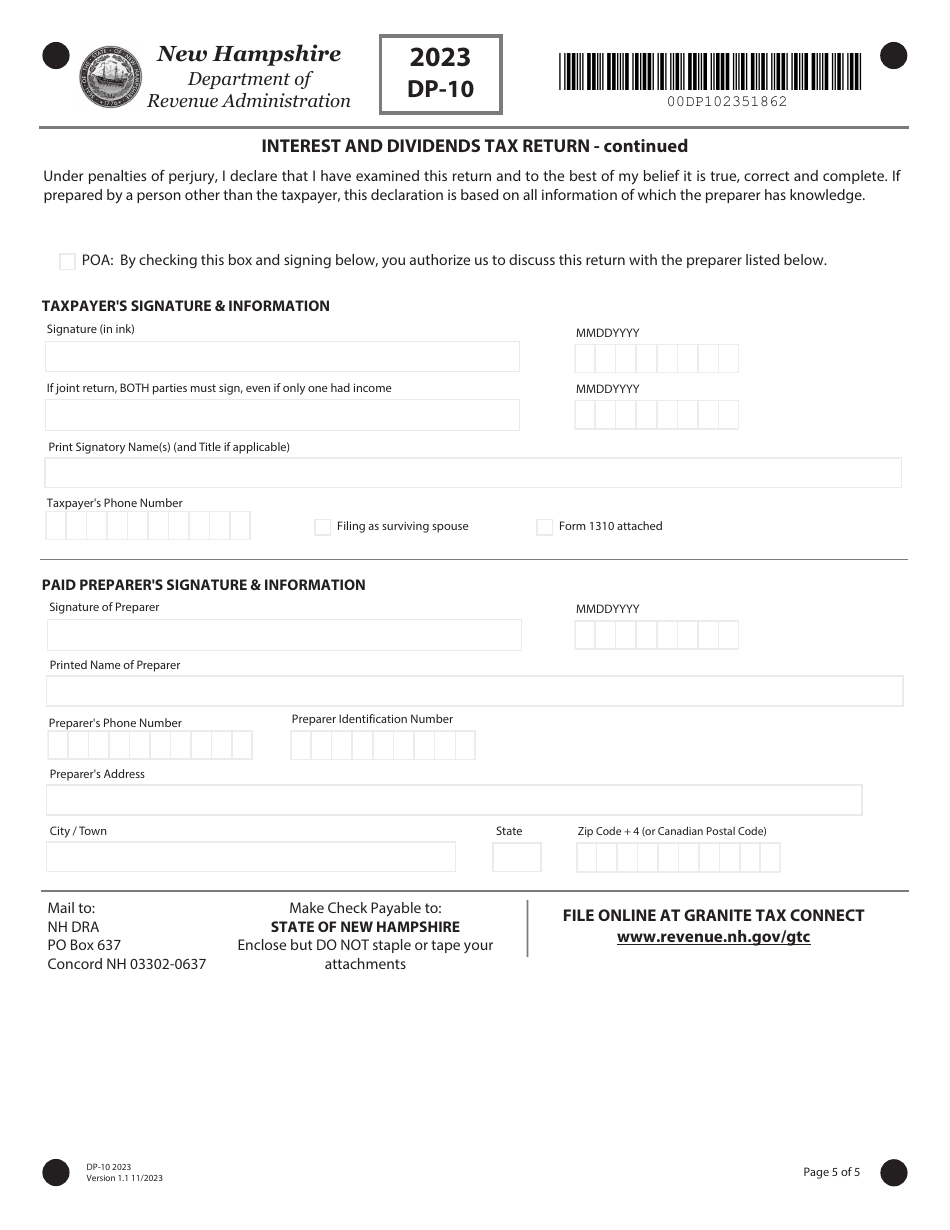 Form DP-10 Interest and Dividends Tax Return - New Hampshire, Page 5