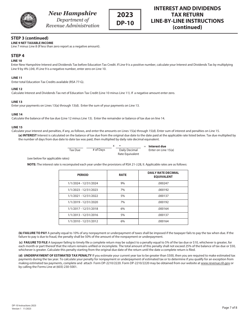 Instructions for Form DP-10 Interest and Dividends Tax Return - New Hampshire, Page 7