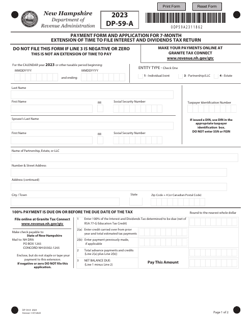 Form DP-59-A Payment Form and Application for 7-month Extension of Time to File Interest and Dividends Tax Return - New Hampshire, 2023