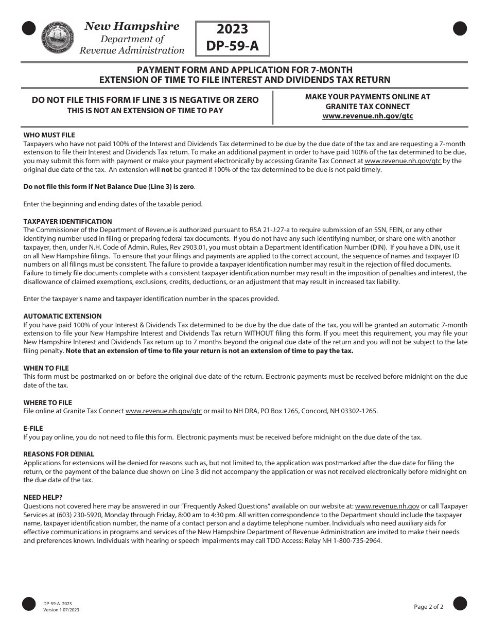 Form DP-59-A Payment Form and Application for 7-month Extension of Time to File Interest and Dividends Tax Return - New Hampshire, Page 2