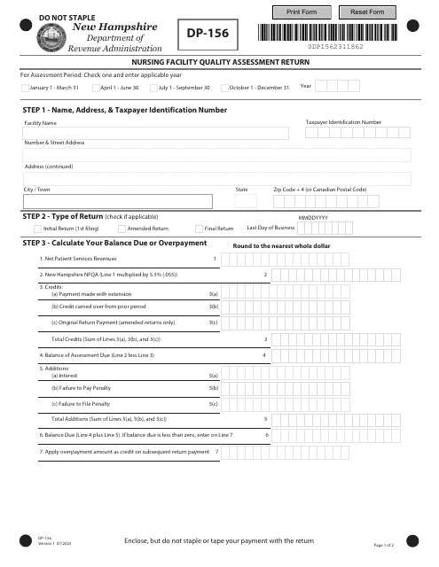Form DP-156 Nursing Facility Quality Assessment Return - New Hampshire