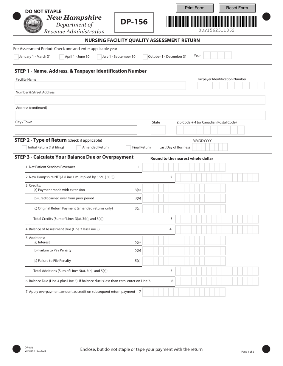 Form DP-156 Nursing Facility Quality Assessment Return - New Hampshire, Page 1