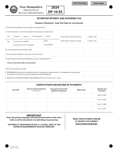 Form DP-10-ES Stimated Interest and Dividends Tax - New Hampshire, 2024