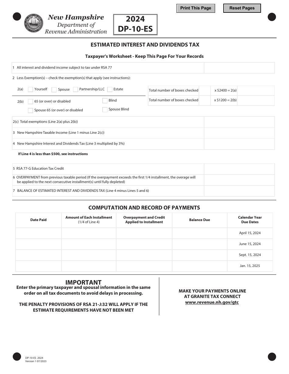 Form DP-10-ES Stimated Interest and Dividends Tax - New Hampshire, Page 1