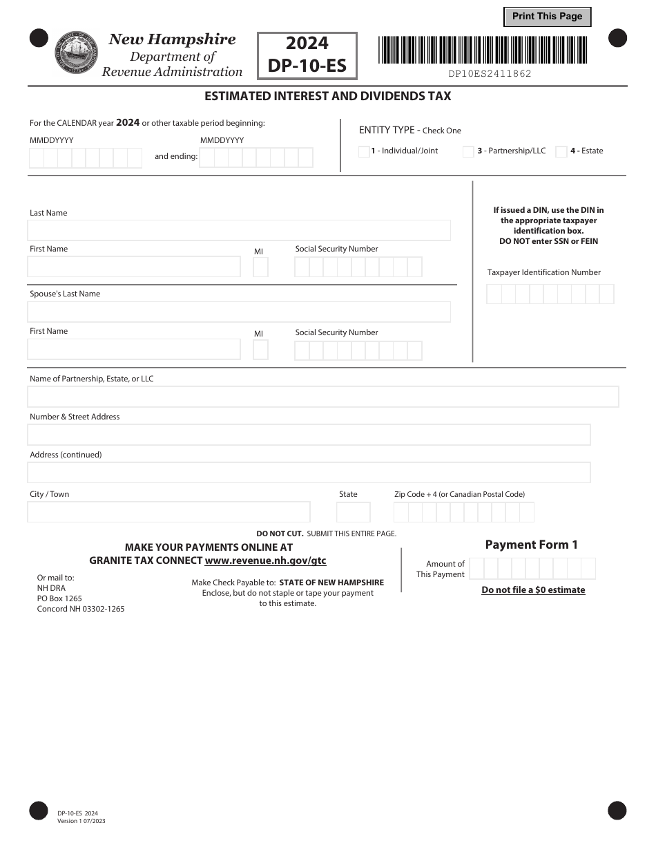 Form DP-10-ES Stimated Interest and Dividends Tax - New Hampshire, Page 2