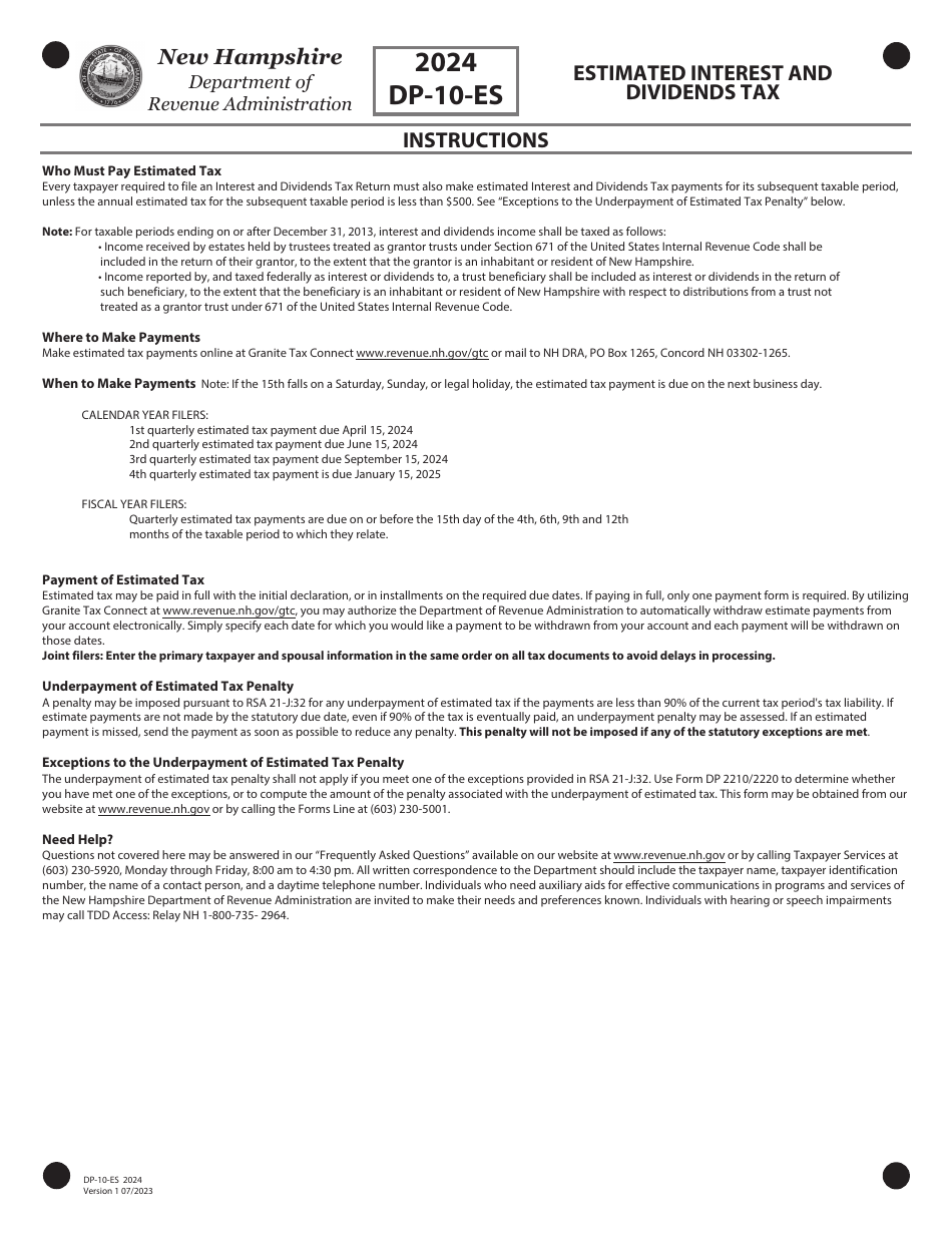 Form DP-10-ES Stimated Interest and Dividends Tax - New Hampshire, Page 6