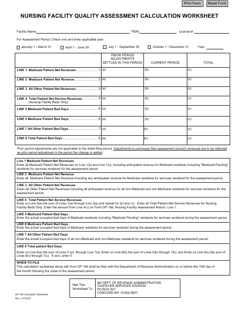Form DP-156 Nursing Facility Quality Assessment Calculation Worksheet - New Hampshire