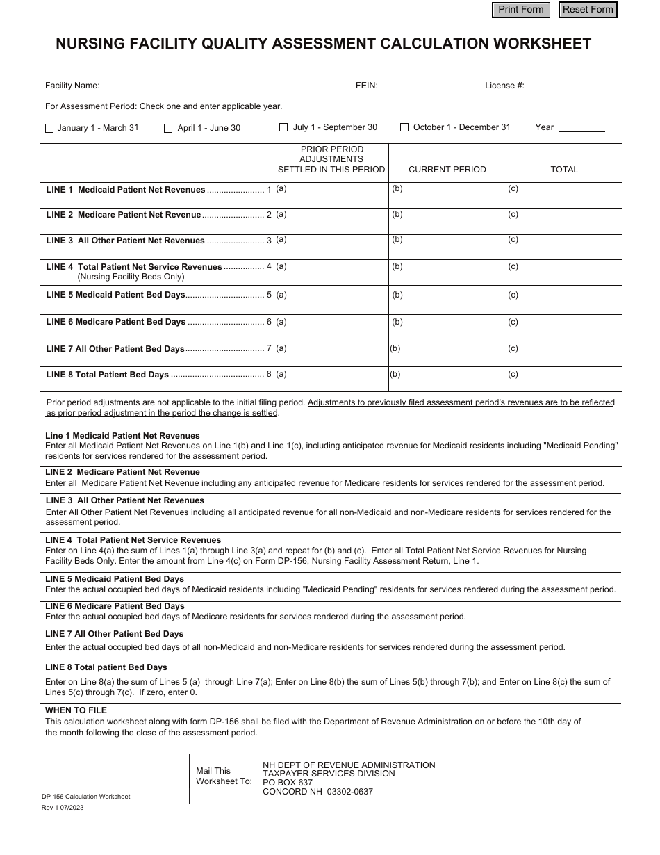 Form DP-156 Nursing Facility Quality Assessment Calculation Worksheet - New Hampshire, Page 1